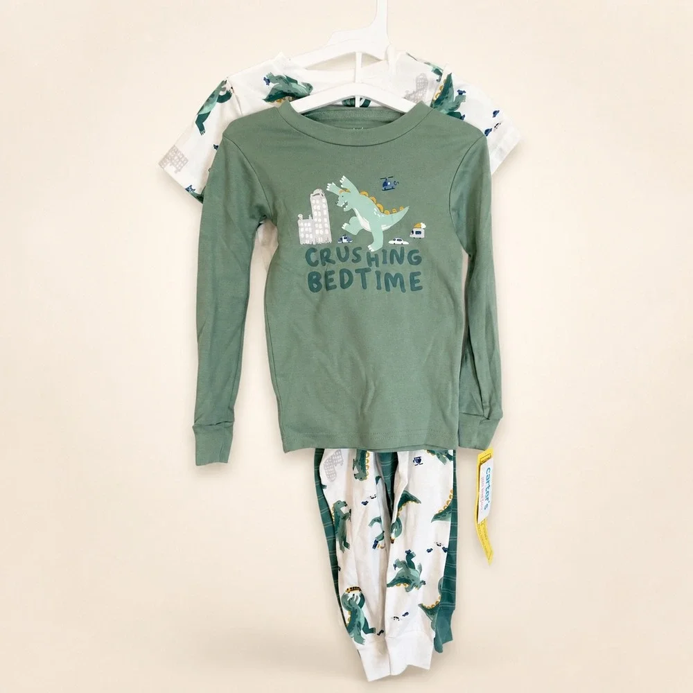 Carters Just One You Kids 4pc Dinosaur Pajama Set Green White 4T Snug Fit Cotton